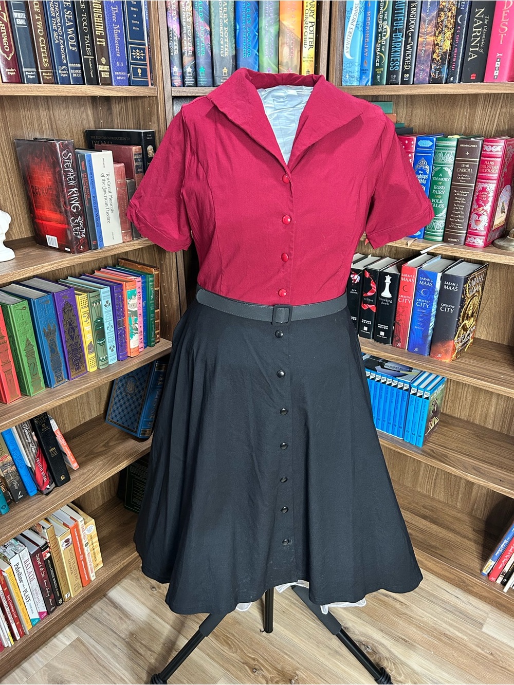 Classic Red Button-Front Top & Black Circle Skirt Set